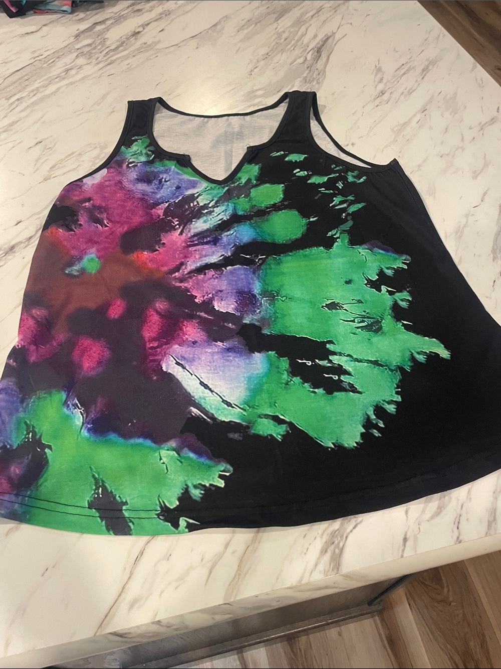 Source Unknown Black Tank Top with Green, Purple & Pink Tie-Dye